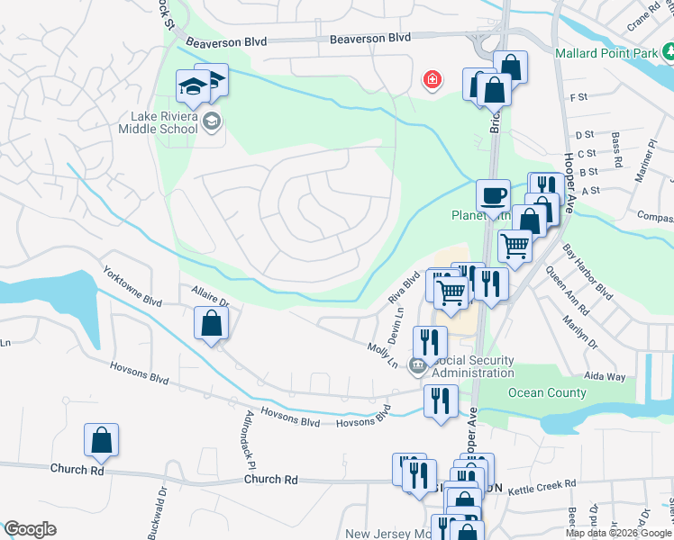 map of restaurants, bars, coffee shops, grocery stores, and more near 121 Lions Head Boulevard South in Brick Township