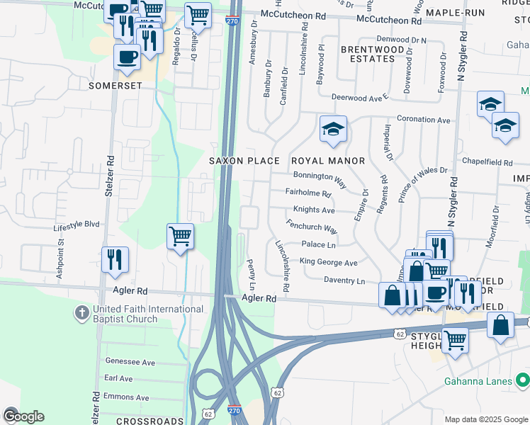 map of restaurants, bars, coffee shops, grocery stores, and more near 216 Penny Lane in Gahanna