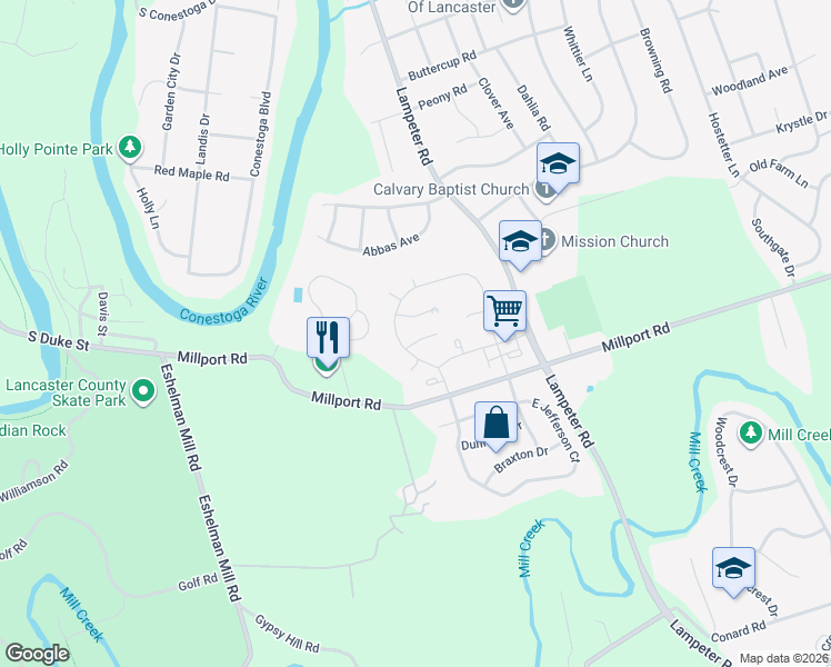 map of restaurants, bars, coffee shops, grocery stores, and more near 54 Duncan Street in Lancaster