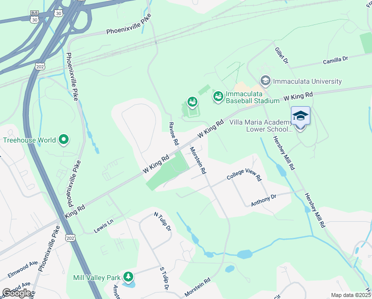 map of restaurants, bars, coffee shops, grocery stores, and more near 1244 West King Road in Malvern