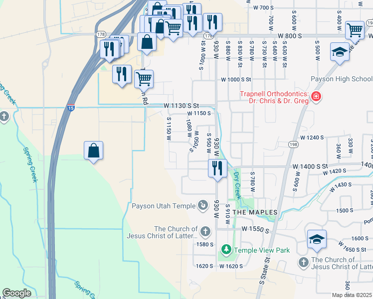 map of restaurants, bars, coffee shops, grocery stores, and more near 1116 W 1290 S in Payson