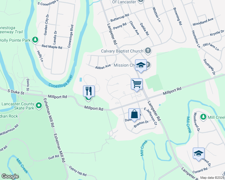 map of restaurants, bars, coffee shops, grocery stores, and more near 7 Rumford Court in Lancaster
