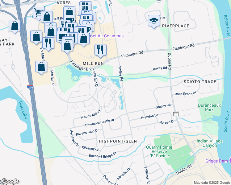 map of restaurants, bars, coffee shops, grocery stores, and more near 3496 Fishinger Mill Drive in Hilliard