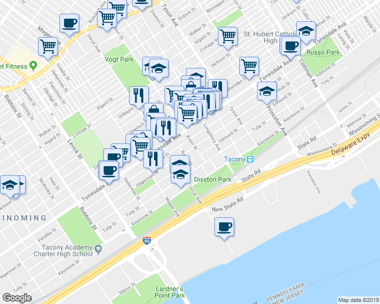 map of restaurants, bars, coffee shops, grocery stores, and more near 6765 Hegerman Street in Philadelphia