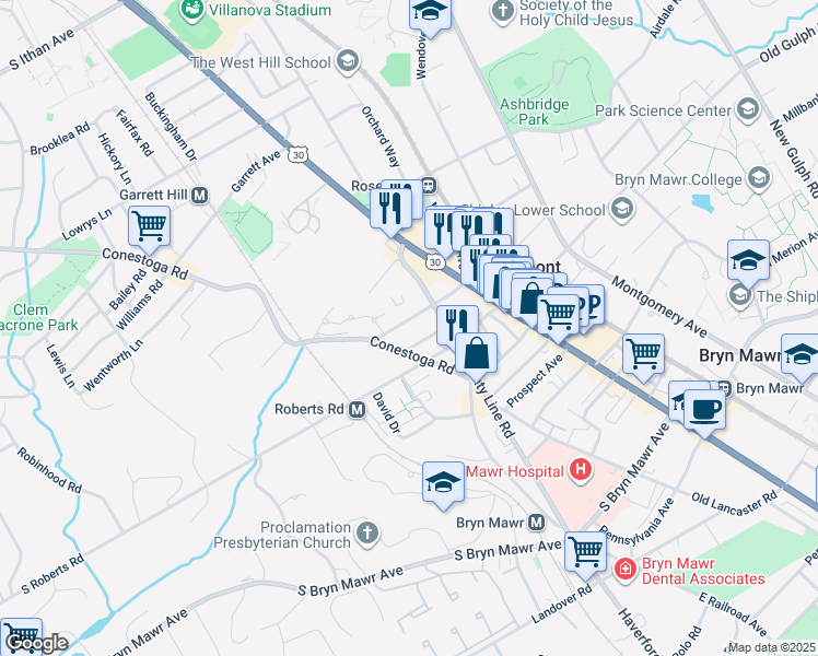 map of restaurants, bars, coffee shops, grocery stores, and more near 119 Montrose Avenue in Bryn Mawr