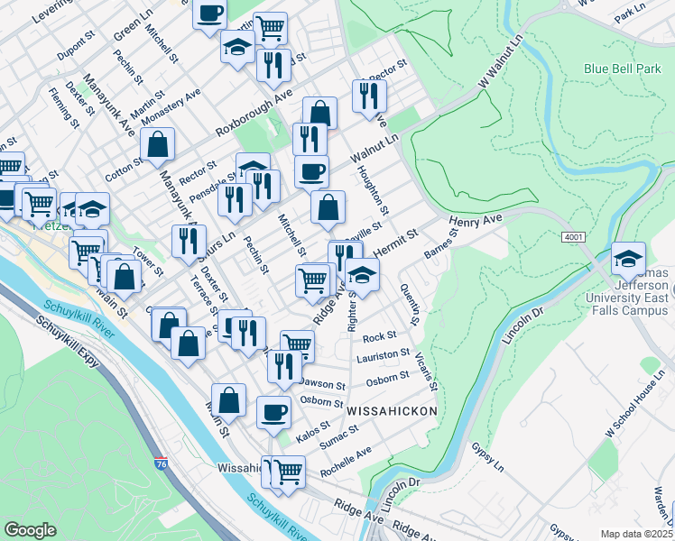 map of restaurants, bars, coffee shops, grocery stores, and more near 5504 Ridge Avenue in Philadelphia