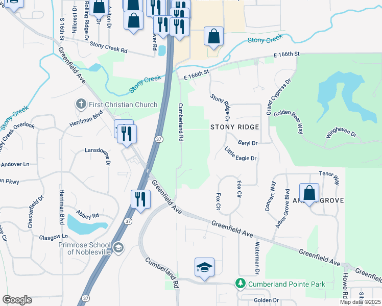 map of restaurants, bars, coffee shops, grocery stores, and more near 16332 Cumberland Road in Noblesville
