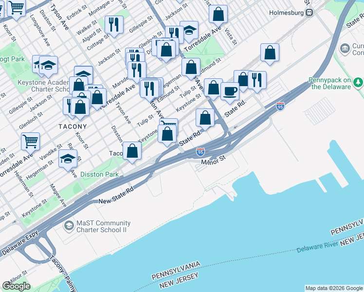 map of restaurants, bars, coffee shops, grocery stores, and more near 7124 State Road in Philadelphia