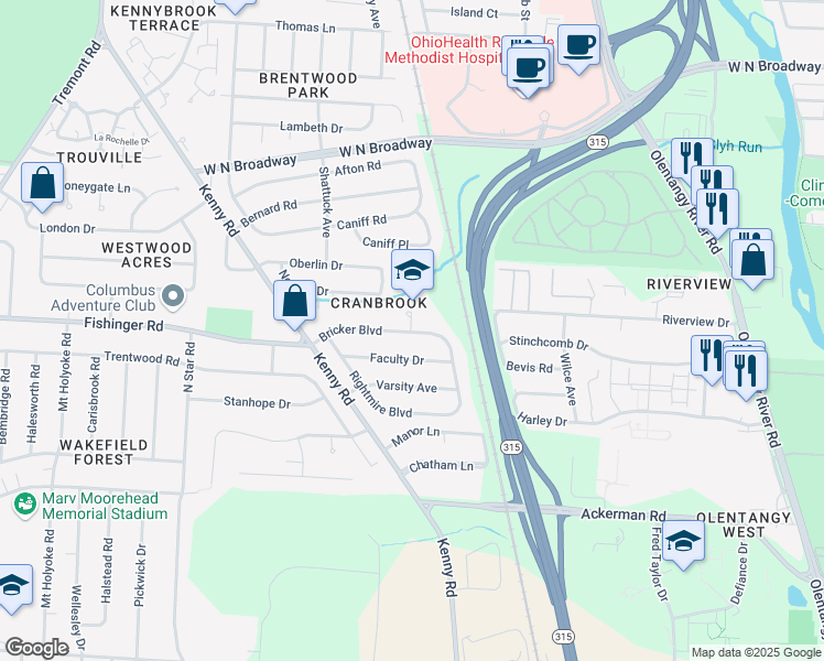 map of restaurants, bars, coffee shops, grocery stores, and more near 908 Bricker Boulevard in Columbus