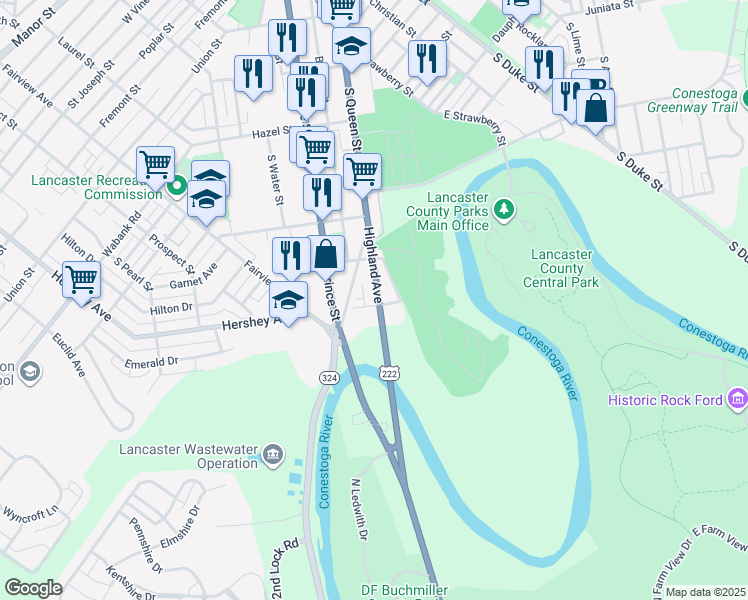 map of restaurants, bars, coffee shops, grocery stores, and more near 824 Highland Avenue in Lancaster