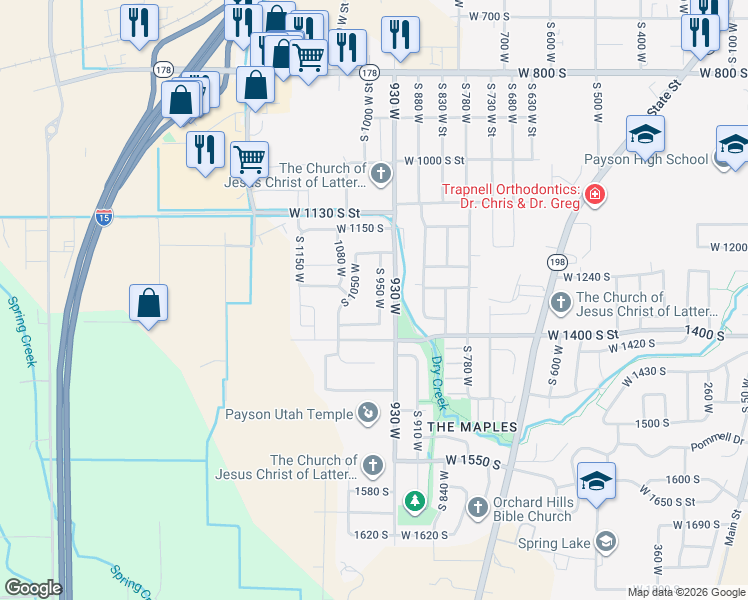 map of restaurants, bars, coffee shops, grocery stores, and more near 1320 South 950 West in Payson
