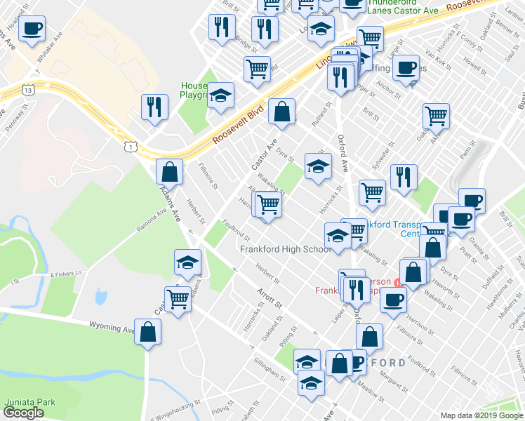 map of restaurants, bars, coffee shops, grocery stores, and more near 1009 Harrison Street in Philadelphia