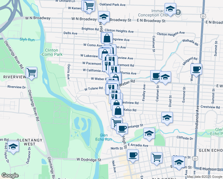 map of restaurants, bars, coffee shops, grocery stores, and more near 16 West Tulane Road in Columbus