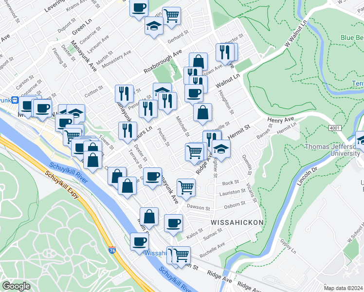 map of restaurants, bars, coffee shops, grocery stores, and more near 424 Seville Street in Philadelphia