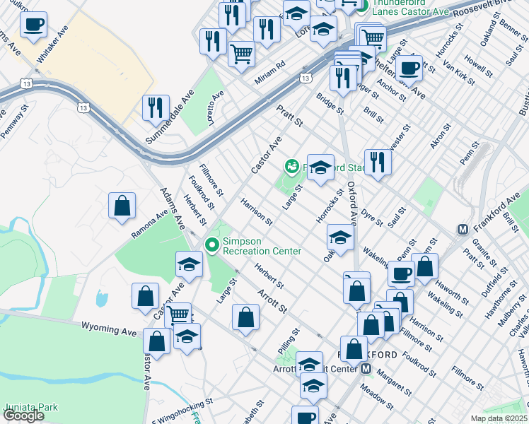 map of restaurants, bars, coffee shops, grocery stores, and more near 1009 Harrison Street in Philadelphia