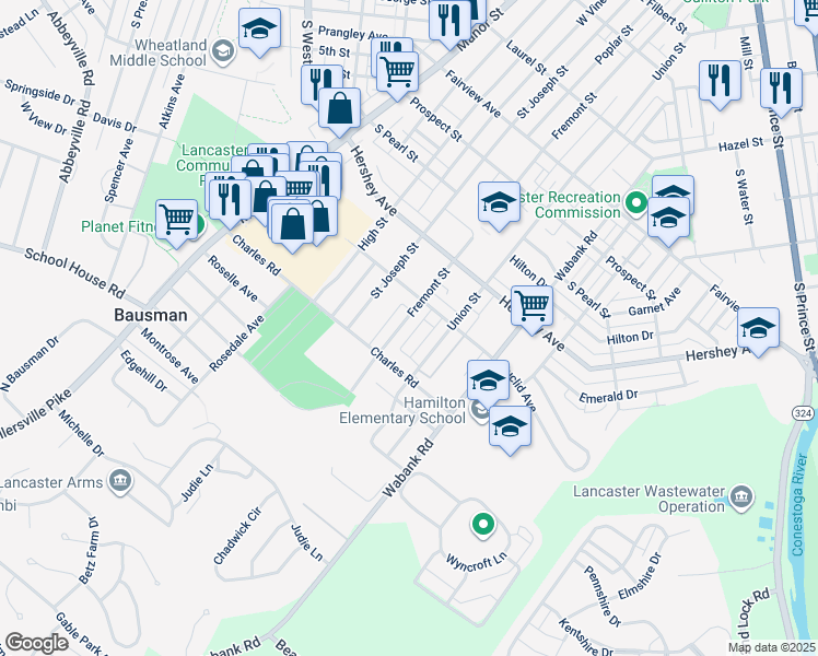 map of restaurants, bars, coffee shops, grocery stores, and more near 1234 Fremont Street in Lancaster
