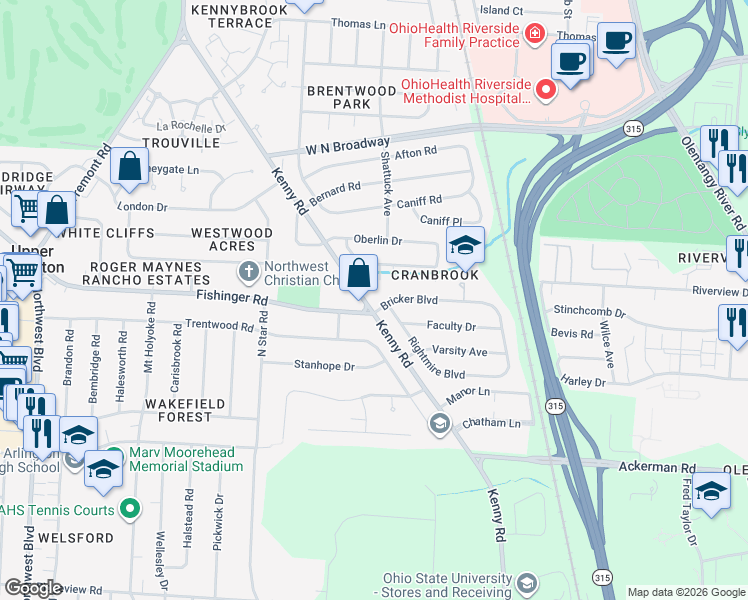 map of restaurants, bars, coffee shops, grocery stores, and more near 3214 Kenny Road in Columbus