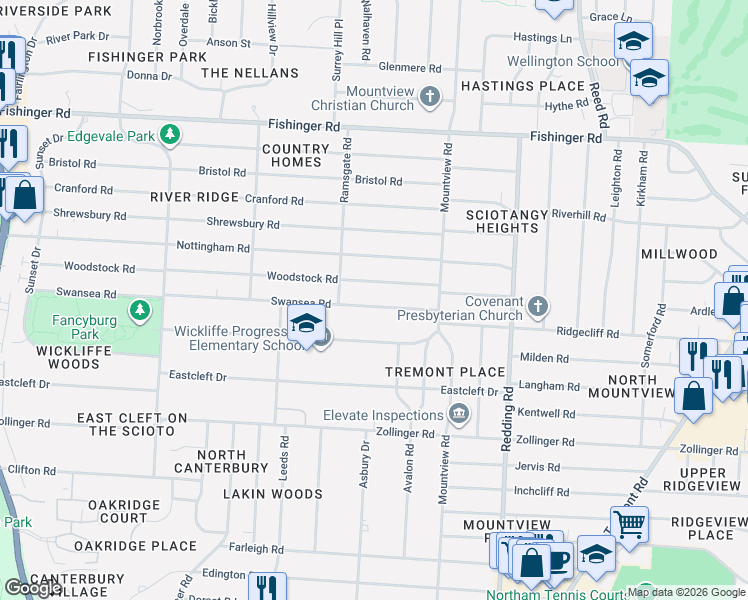 map of restaurants, bars, coffee shops, grocery stores, and more near 2306 Woodstock Road in Columbus