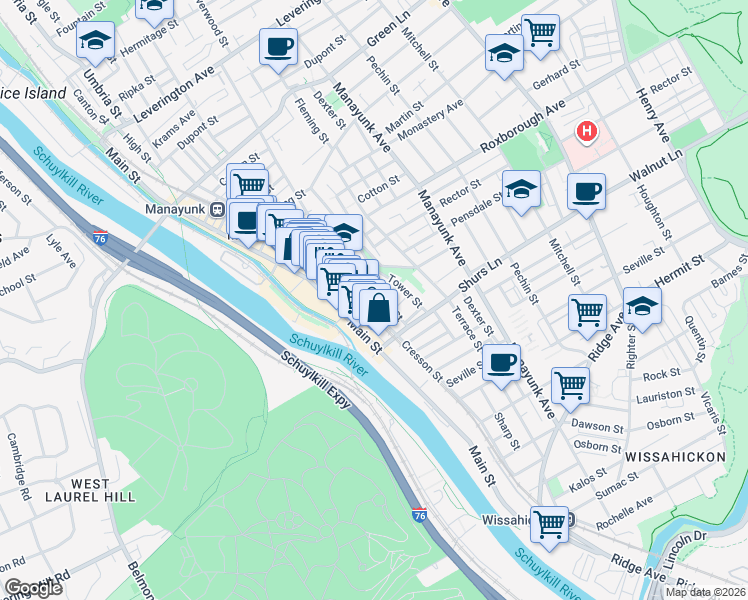 map of restaurants, bars, coffee shops, grocery stores, and more near 4146 Apple Street in Philadelphia