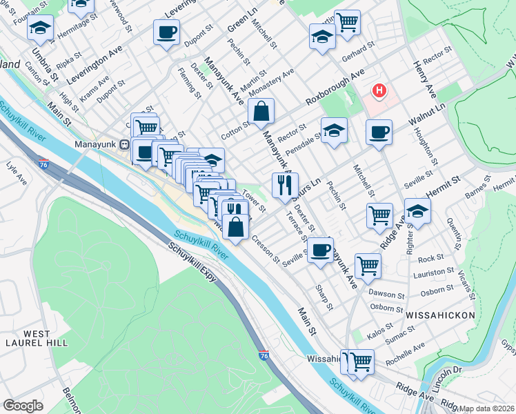 map of restaurants, bars, coffee shops, grocery stores, and more near 4159 Tower Street in Philadelphia