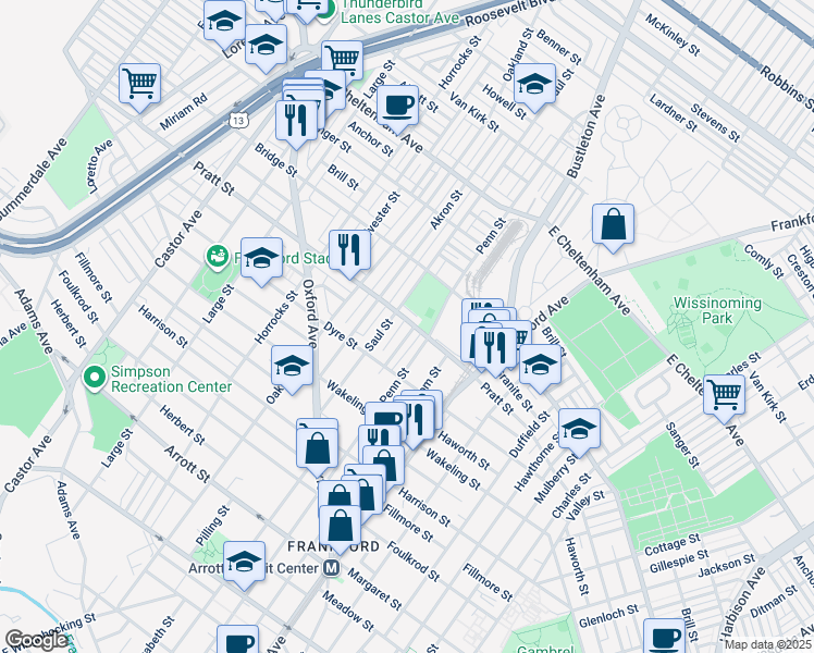 map of restaurants, bars, coffee shops, grocery stores, and more near 5160 Leiper Street in Philadelphia