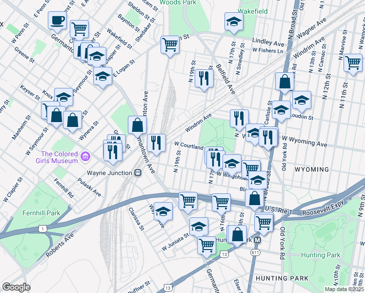 map of restaurants, bars, coffee shops, grocery stores, and more near 4565 North 19th Street in Philadelphia