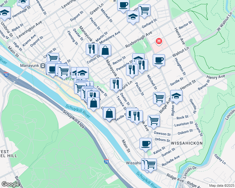 map of restaurants, bars, coffee shops, grocery stores, and more near 3987 Terrace Street in Philadelphia