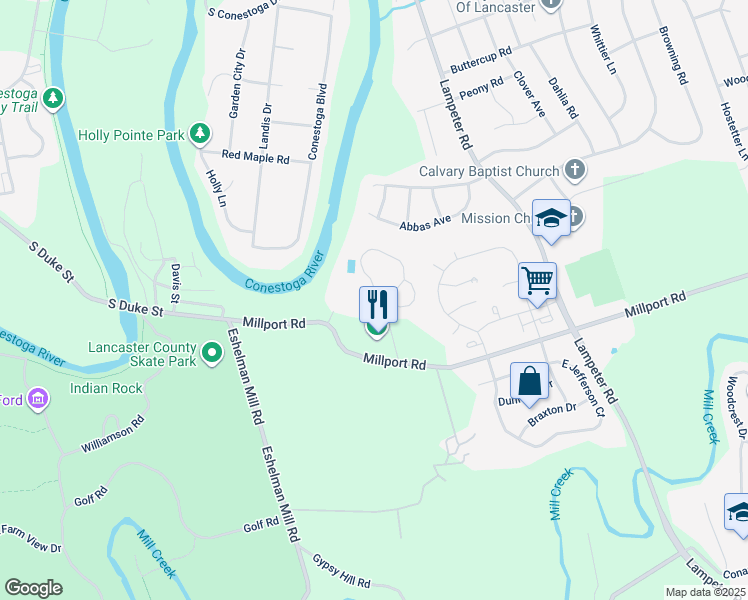 map of restaurants, bars, coffee shops, grocery stores, and more near 24 River Bend Park in Lancaster