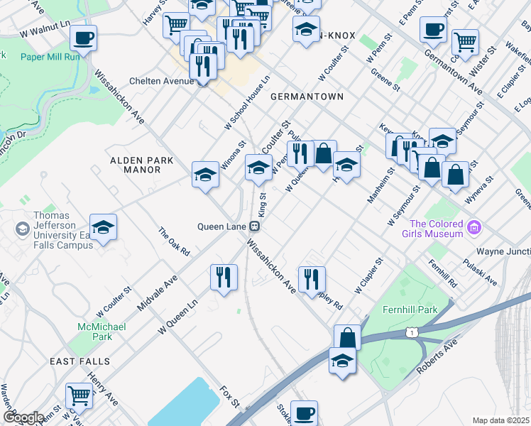 map of restaurants, bars, coffee shops, grocery stores, and more near 530 West King Street in Philadelphia