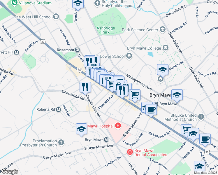 map of restaurants, bars, coffee shops, grocery stores, and more near 1005 West Lancaster Avenue in Bryn Mawr