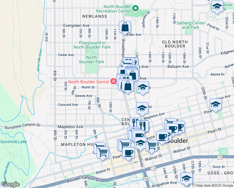 map of restaurants, bars, coffee shops, grocery stores, and more near 1001 North Street in Boulder
