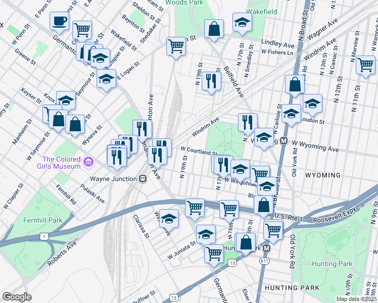 map of restaurants, bars, coffee shops, grocery stores, and more near 4680 North 19th Street in Philadelphia