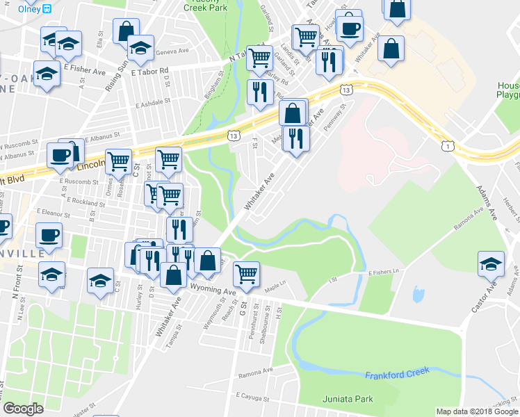 map of restaurants, bars, coffee shops, grocery stores, and more near 4958 Pennway Street in Philadelphia