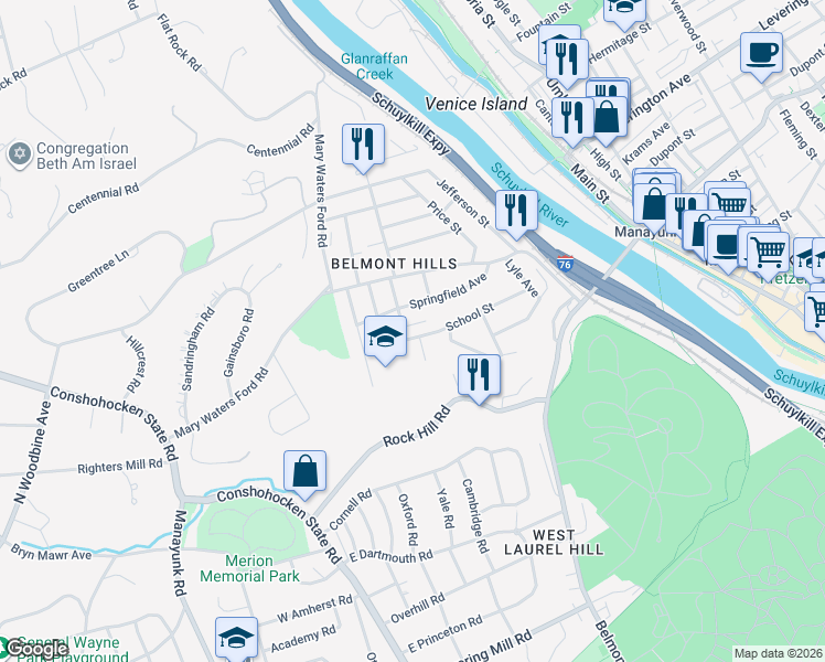map of restaurants, bars, coffee shops, grocery stores, and more near 164 Springfield Avenue in Bala Cynwyd