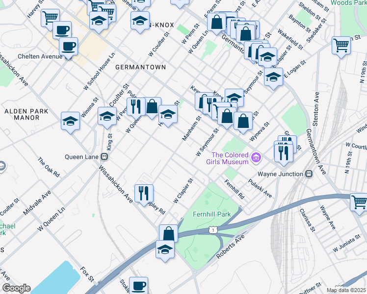 map of restaurants, bars, coffee shops, grocery stores, and more near 322 Manheim Street in Philadelphia