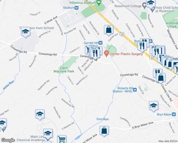 map of restaurants, bars, coffee shops, grocery stores, and more near 50 Wentworth Lane in Bryn Mawr