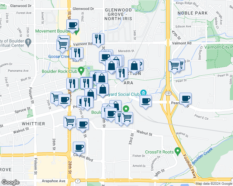 map of restaurants, bars, coffee shops, grocery stores, and more near 2280 Junction Place in Boulder