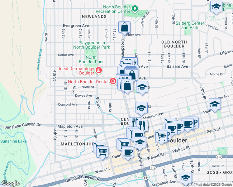 map of restaurants, bars, coffee shops, grocery stores, and more near 1001 North Street in Boulder