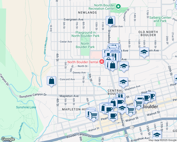 map of restaurants, bars, coffee shops, grocery stores, and more near 752 North Street in Boulder