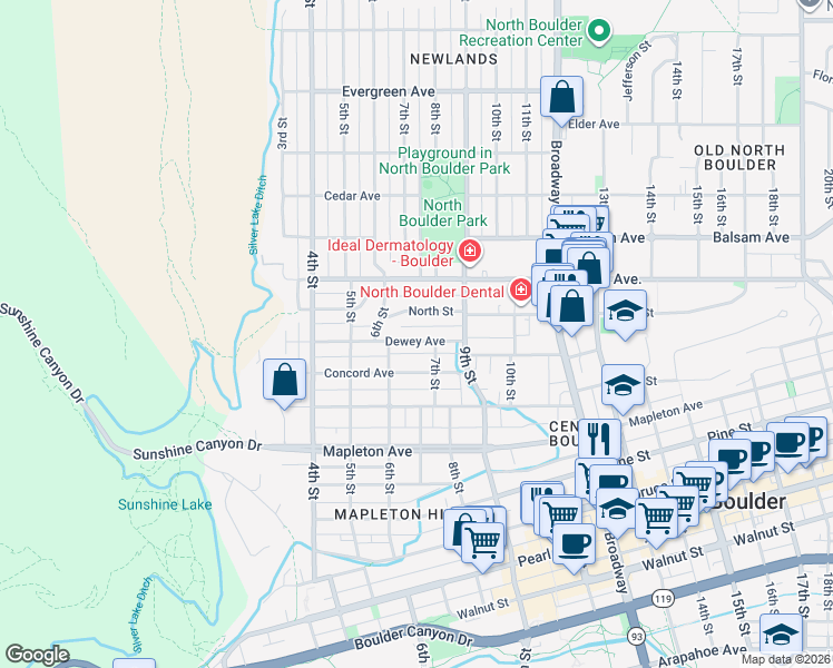map of restaurants, bars, coffee shops, grocery stores, and more near 620 North Street in Boulder