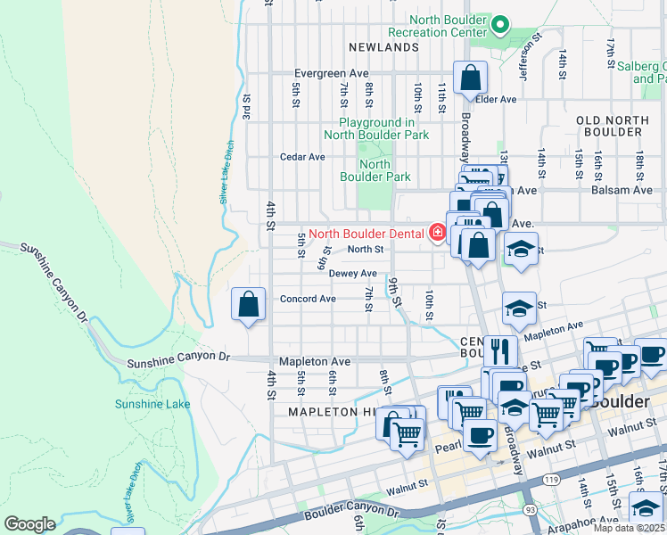 map of restaurants, bars, coffee shops, grocery stores, and more near 620 North Street in Boulder