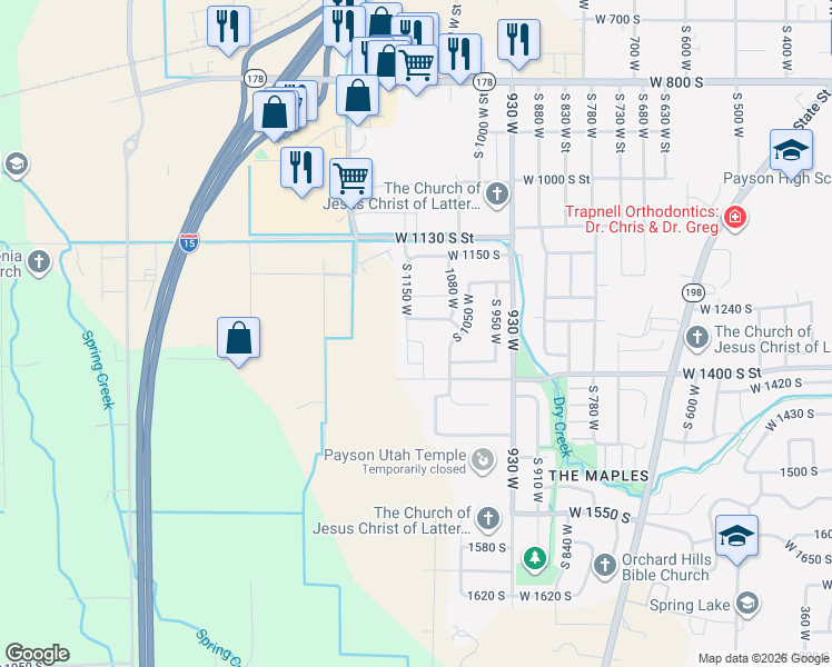 map of restaurants, bars, coffee shops, grocery stores, and more near 1116 W 1290 S in Payson