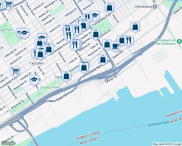 map of restaurants, bars, coffee shops, grocery stores, and more near 7124 State Road in Philadelphia