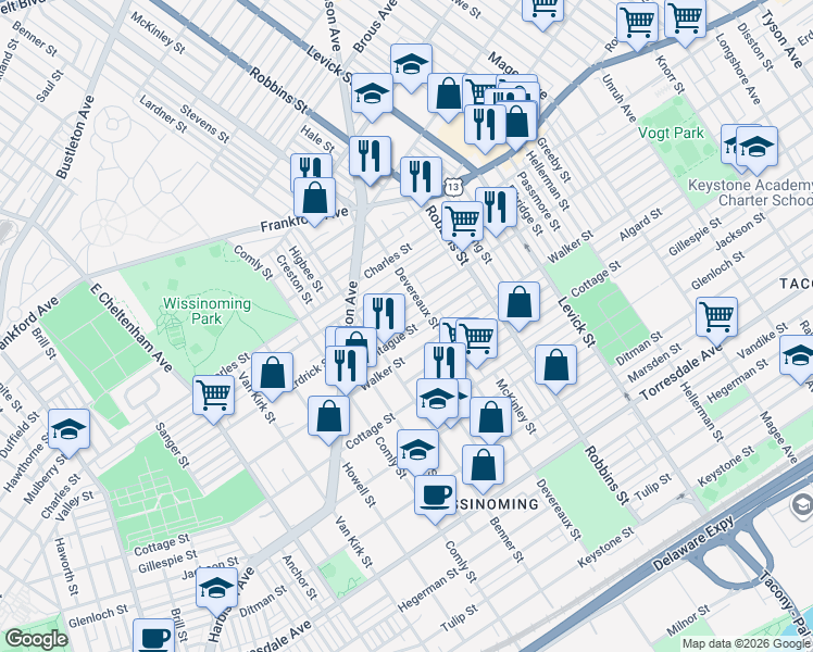 map of restaurants, bars, coffee shops, grocery stores, and more near 6201 Erdrick Street in Philadelphia