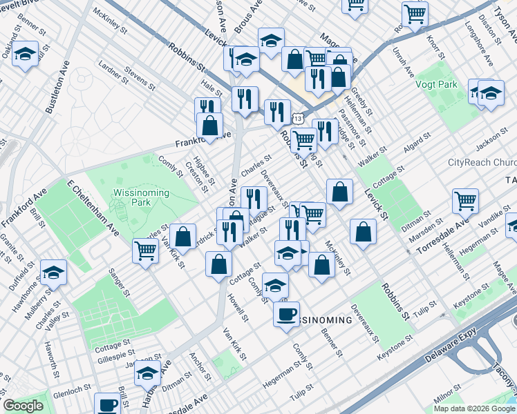 map of restaurants, bars, coffee shops, grocery stores, and more near 6135 Tackawanna Street in Philadelphia