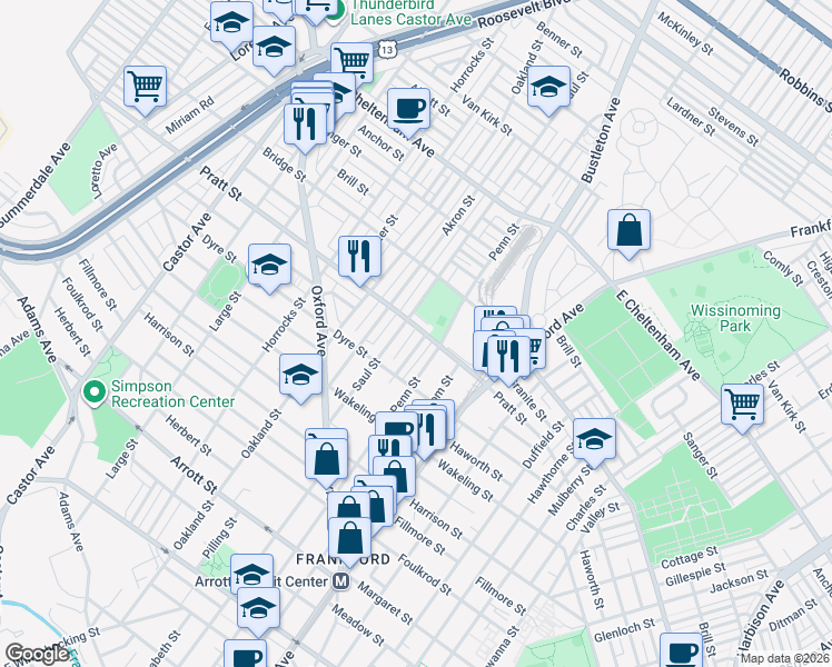map of restaurants, bars, coffee shops, grocery stores, and more near 1215 Pratt Street in Philadelphia