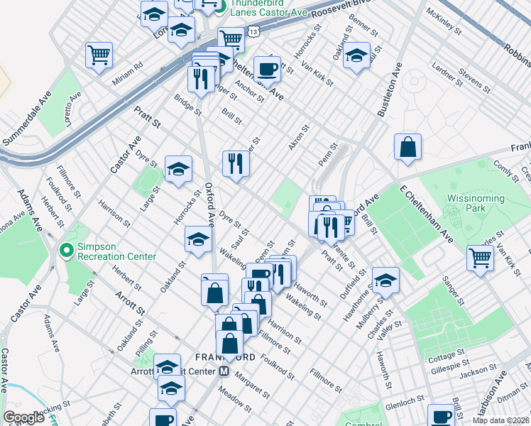map of restaurants, bars, coffee shops, grocery stores, and more near 1215 Pratt Street in Philadelphia