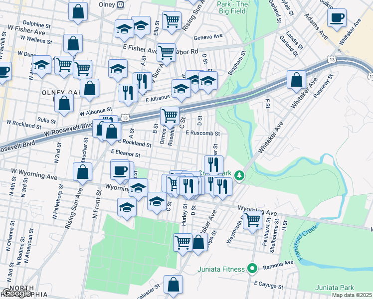 map of restaurants, bars, coffee shops, grocery stores, and more near 4928 Boudinot Street in Philadelphia