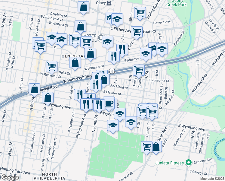 map of restaurants, bars, coffee shops, grocery stores, and more near 4903 A Street in Philadelphia