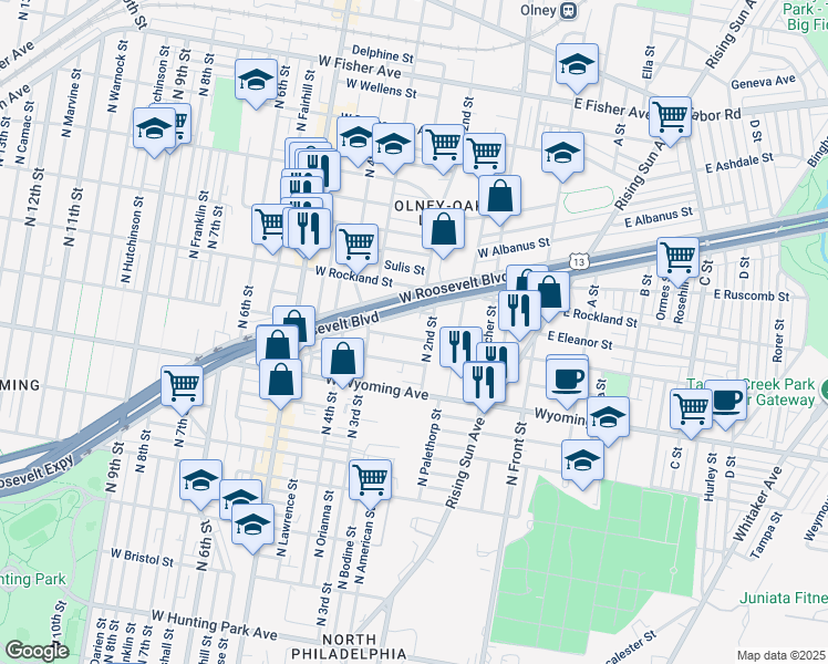 map of restaurants, bars, coffee shops, grocery stores, and more near 222 West Roosevelt Boulevard in Philadelphia